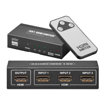 HDMI Switch med 3 innganger og 1 utgang, fjernkontroll og støtte for 1080P